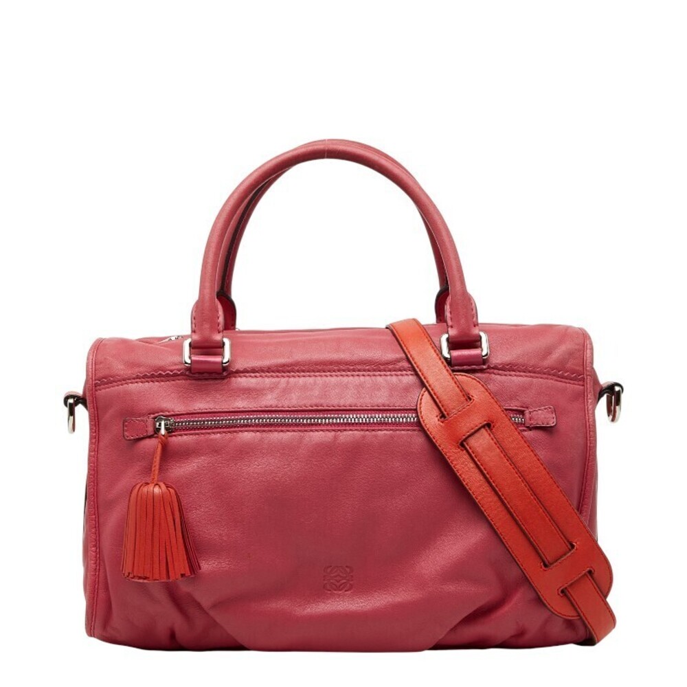 Loewe Anagram Tassel Shoulder Bag Handbag Pink Red Leather